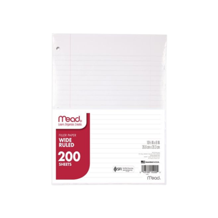 Filler Paper, 3-Hole, 8 x 10.5, Wide/Legal Rule, 200/Pack