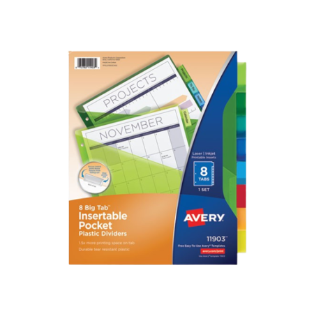 Insertable Big Tab Plastic 1-Pocket Dividers, 8-Tab, 11.13 x 9.25, Assorted