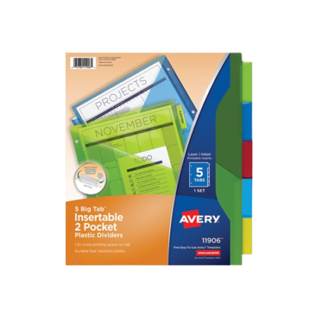 Insertable Big Tab Plastic 2-Pocket Dividers, 5-Tab, 11.13 x 9.25, Assorted