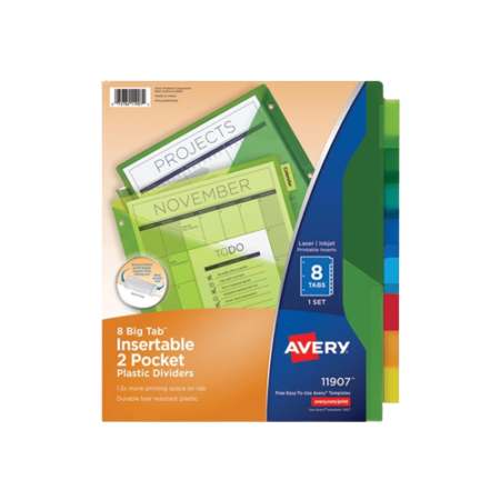 Insertable Big Tab Plastic 2-Pocket Dividers, 8-Tab, 11.13 x 9.25, Assorted