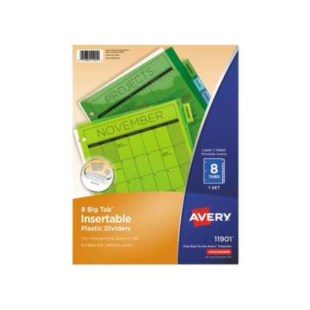 Insertable Big Tab Plastic Dividers, 8-Tab, 11 x 8.5, Assorted, 1 Set