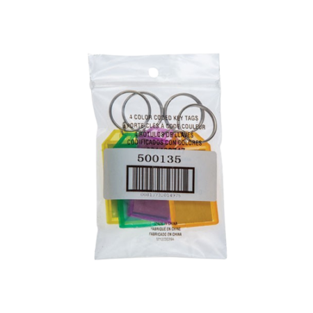 Key Tags, Metal/Plastic, Green/Orange/Purple/Yellow, 4/Pack
