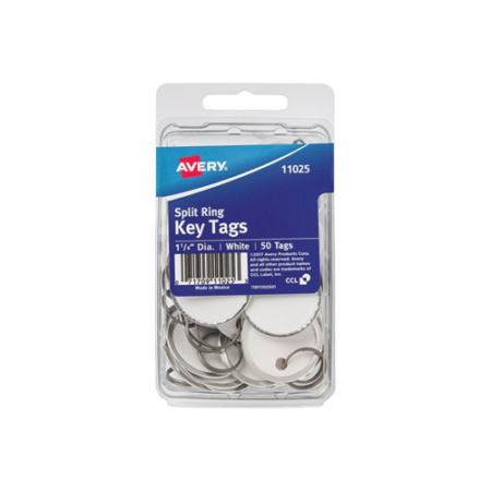 Key Tags with Split Ring, 1.25" dia, White, 50/Pack