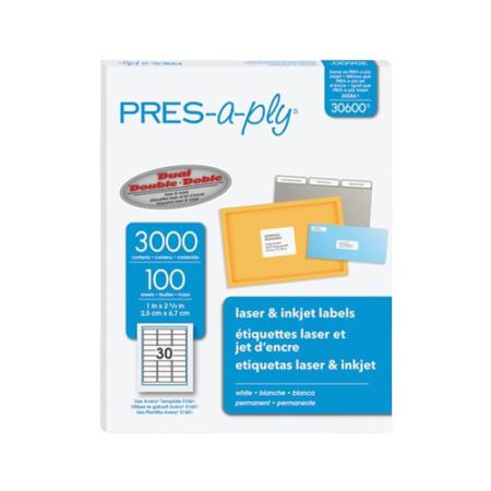 Labels, Laser Printers, 1 x 2.63, White, 30/Sheet, 100 Sheets/Box