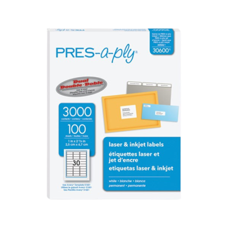 Labels, Laser Printers, 1 x 2.63, White