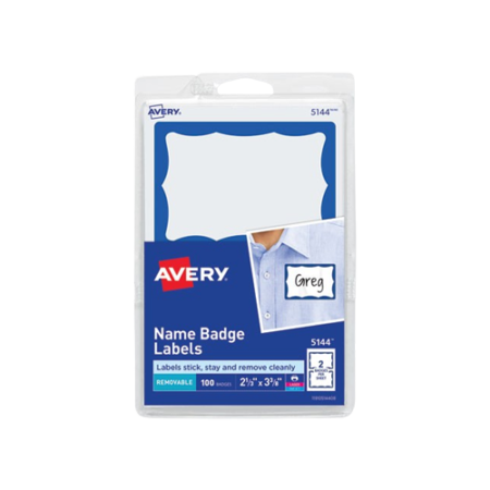 Printable Adhesive Name Badges, 3.38 x 2.33, Blue Border, 100/Pack