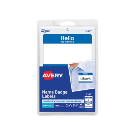 Printable Adhesive Name Badges, 3.38 x 2.33, Blue "Hello", 100/Pack