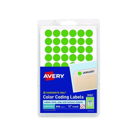 Printable Self-Adhesive Removable Round Color-Coding Labels, 0.5" dia, Neon Green, 60/Sheet, 14 Sheets/Pack