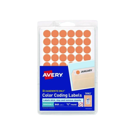 Printable Self-Adhesive Removable Round Color-Coding Labels, 0.5" dia, Neon Orange, 60/Sheet, 14 Sheets/Pack